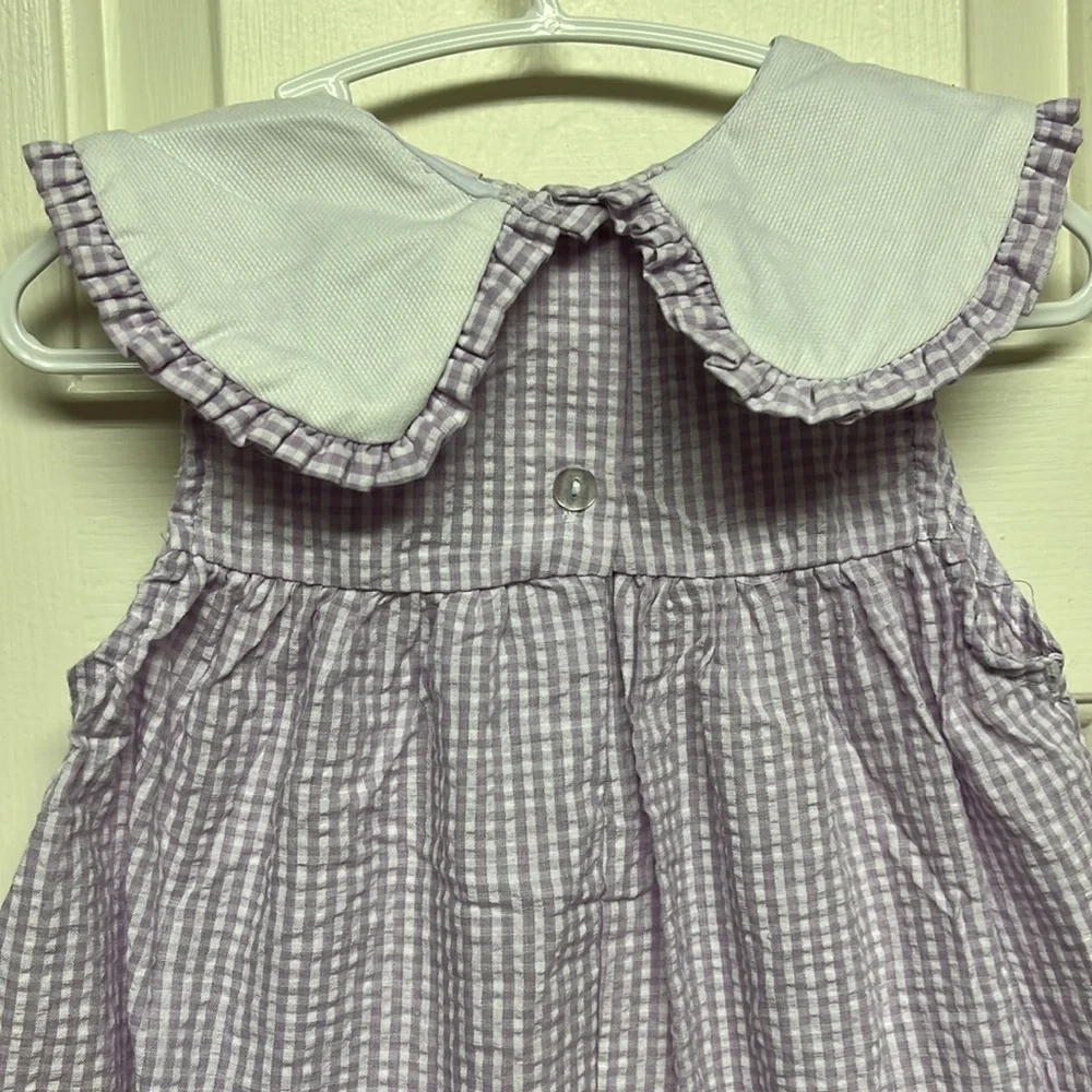 Vintage 6 Month Cotton Dress Purple White Green Floral Gingham Peter Pan Collar - Picture 4 of 7